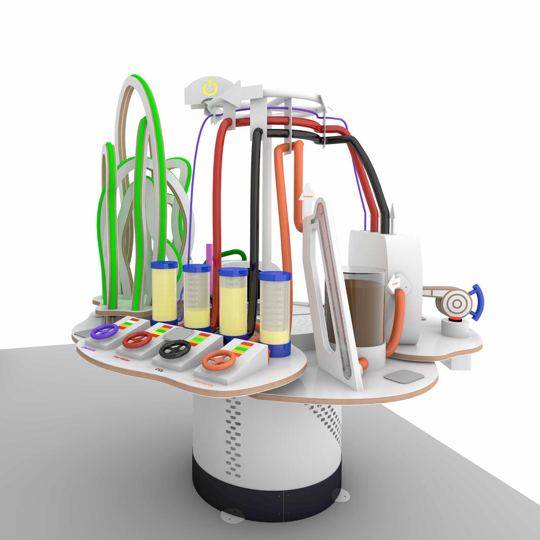 An interactive exhibition unit for a Norwegian science centre that Hazel drew all build elements for, and created this render