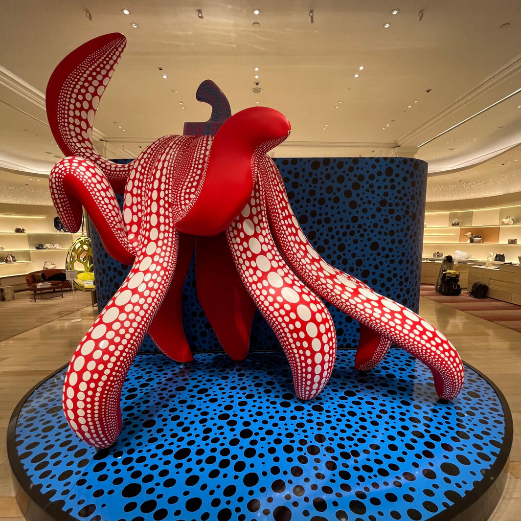 An image of the Yayoi Kusama creature in Harrods for Louis Vuitton for which Hazel drew all internal metal work structure.