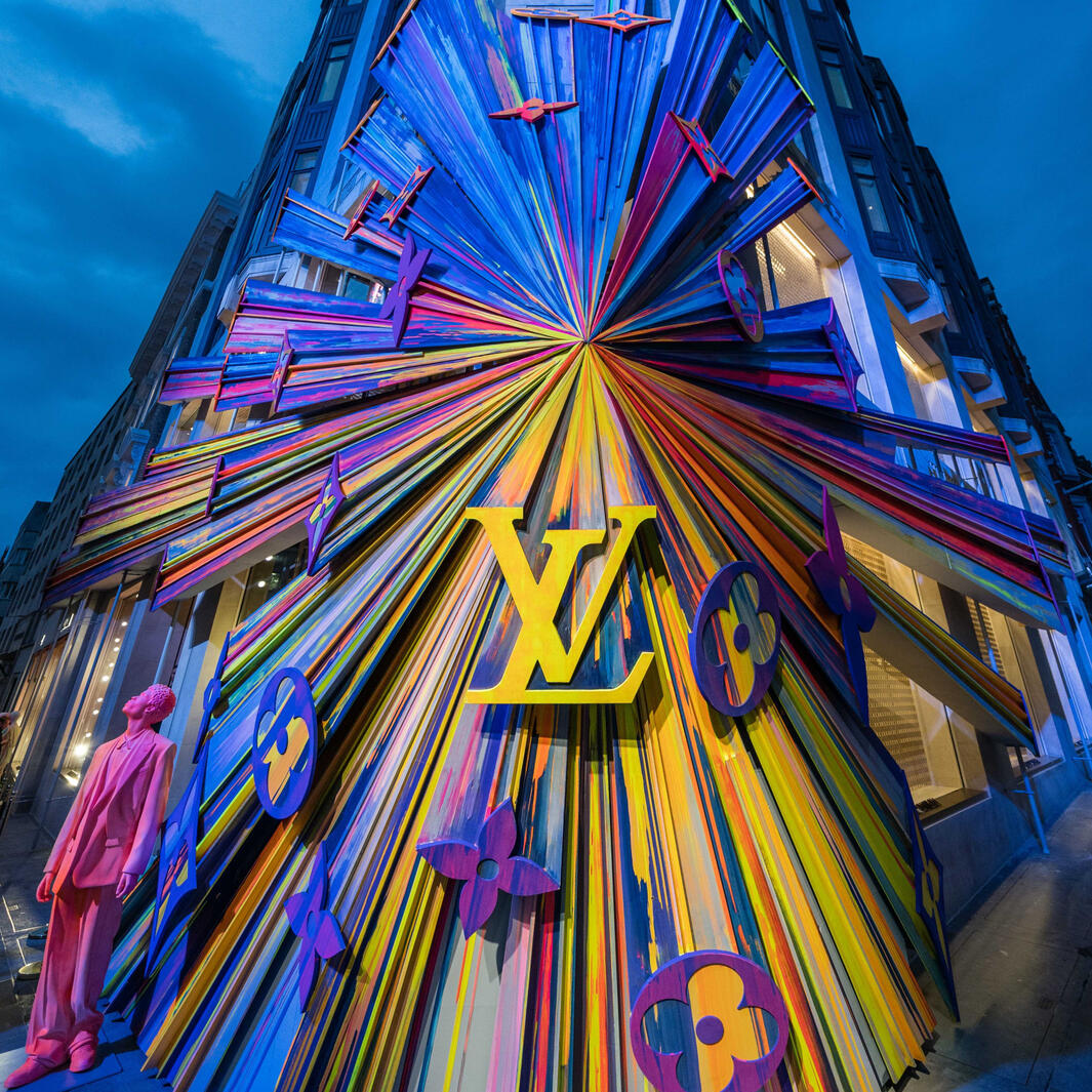 An Image of the store opening facade display for Louis Vuitton in New Bond Street for which Hazel drew up construction drawings