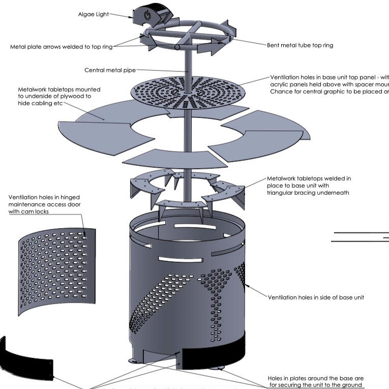 CAD drawings showing the metal support structure for the Algae exhibit